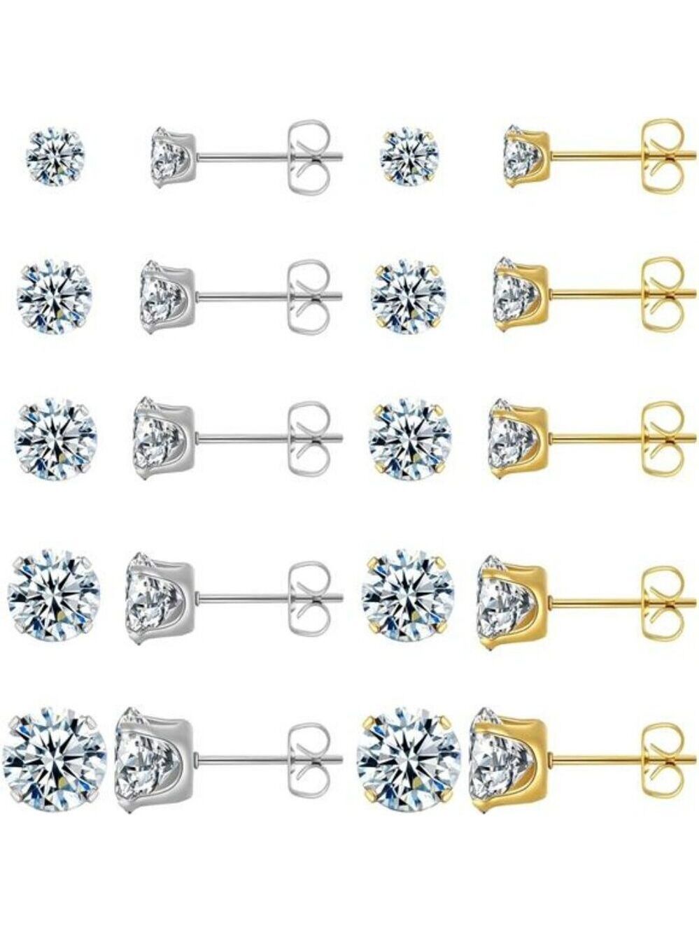 Stud earrings set gold silver hypoallergenic zirconia waterproof 10 pairs